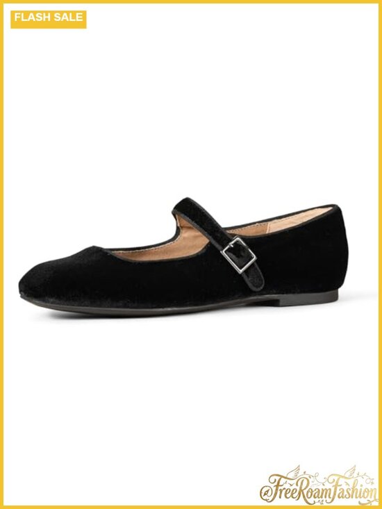 Shoes - Faux Suede Mary Jane Ballet Flats Square Toe Buckle Strap Cushioned